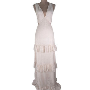 AFRM Deep Plunge Lace Tiered Maxi Dress Blush Pink L Beachy Wedding Formal
